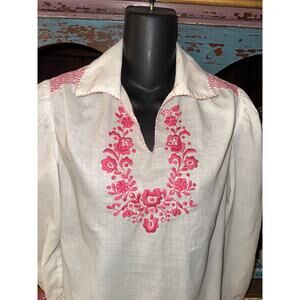 VINTAGE LONG SLEEVED PINK EMBROIDERY HUNGARIAN PEASANT BLOUSE TOP